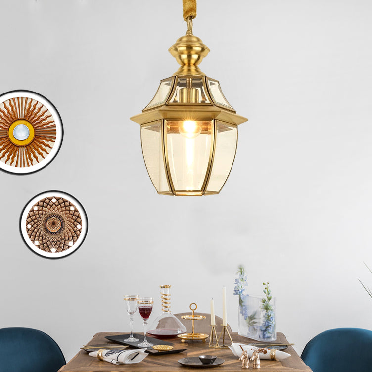 1 Bulb Earthen Jar Pendant Light Fixture Vintage Gold Clear Glass Hanging Ceiling Lamp, 6"/8.5" Wide Clearhalo 'Ceiling Lights' 'Glass shade' 'Glass' 'Pendant Lights' 'Pendants' Lighting' 285608