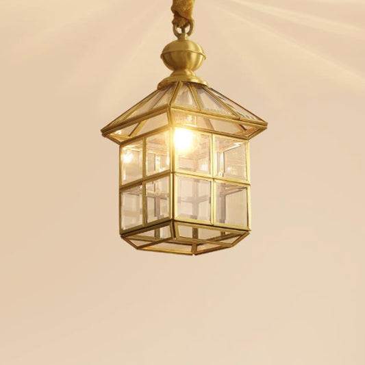 Gold Lantern Hanging Lamp Traditional Clear Frosted Glass 6.5"/8" Wide 1 Light Living Room Ceiling Suspension Light Gold Clearhalo 'Ceiling Lights' 'Glass shade' 'Glass' 'Pendant Lights' 'Pendants' Lighting' 285612