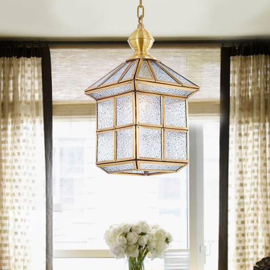 Gold Lantern Hanging Lamp Traditional Clear Frosted Glass 6.5"/8" Wide 1 Light Living Room Ceiling Suspension Light Clearhalo 'Ceiling Lights' 'Glass shade' 'Glass' 'Pendant Lights' 'Pendants' Lighting' 285613