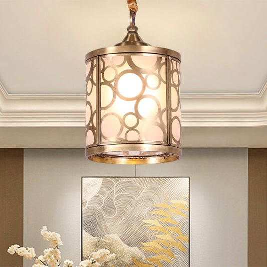 Cylindrical Opal Glass Hanging Light Kit Rural 1 Head Hallway Suspension Pendant Lamp with Circle/Oval Pattern Brass Circle Clearhalo 'Ceiling Lights' 'Chandeliers' 'Glass shade' 'Glass' 'Pendant Lights' 'Pendants' Lighting' 285675