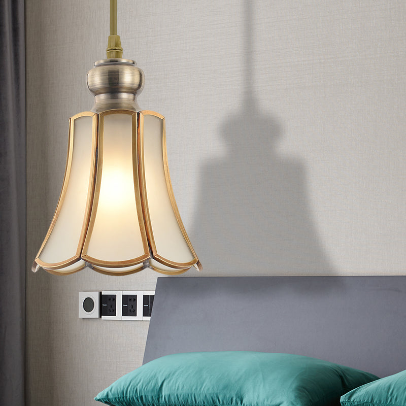 White Opal Glass Gold Suspension Lighting Bowl/Flower/Wide Flare Traditional Hanging Pendant Lamp for Dining Room Gold Wide Flare Clearhalo 'Ceiling Lights' 'Glass shade' 'Glass' 'Pendant Lights' 'Pendants' Lighting' 285707