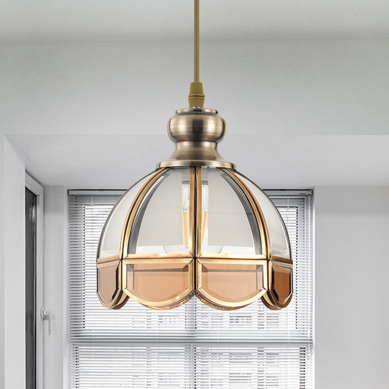 Dome Stairway Hanging Pendant Lamp Vintage Clear/Beige Glass 1 Head Nickel Ceiling Suspension Light Clearhalo 'Ceiling Lights' 'Glass shade' 'Glass' 'Pendant Lights' 'Pendants' Lighting' 285712