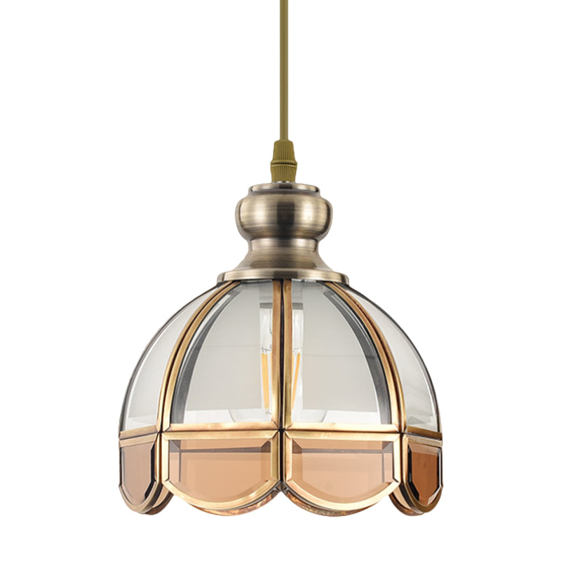Dome Stairway Hanging Pendant Lamp Vintage Clear/Beige Glass 1 Head Nickel Ceiling Suspension Light Clearhalo 'Ceiling Lights' 'Glass shade' 'Glass' 'Pendant Lights' 'Pendants' Lighting' 285714