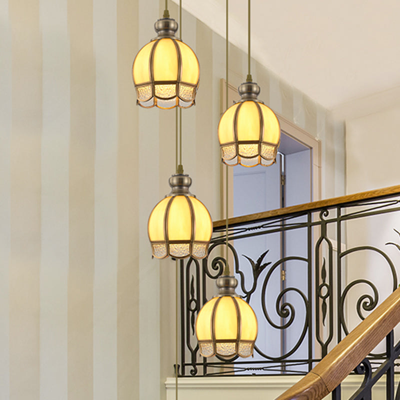 Dome Stairway Hanging Pendant Lamp Vintage Clear/Beige Glass 1 Head Nickel Ceiling Suspension Light Clearhalo 'Ceiling Lights' 'Glass shade' 'Glass' 'Pendant Lights' 'Pendants' Lighting' 285716