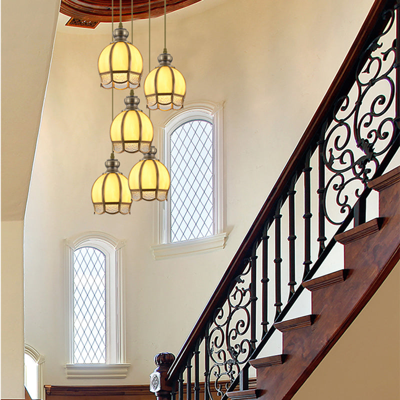 Dome Stairway Hanging Pendant Lamp Vintage Clear/Beige Glass 1 Head Nickel Ceiling Suspension Light Clearhalo 'Ceiling Lights' 'Glass shade' 'Glass' 'Pendant Lights' 'Pendants' Lighting' 285717