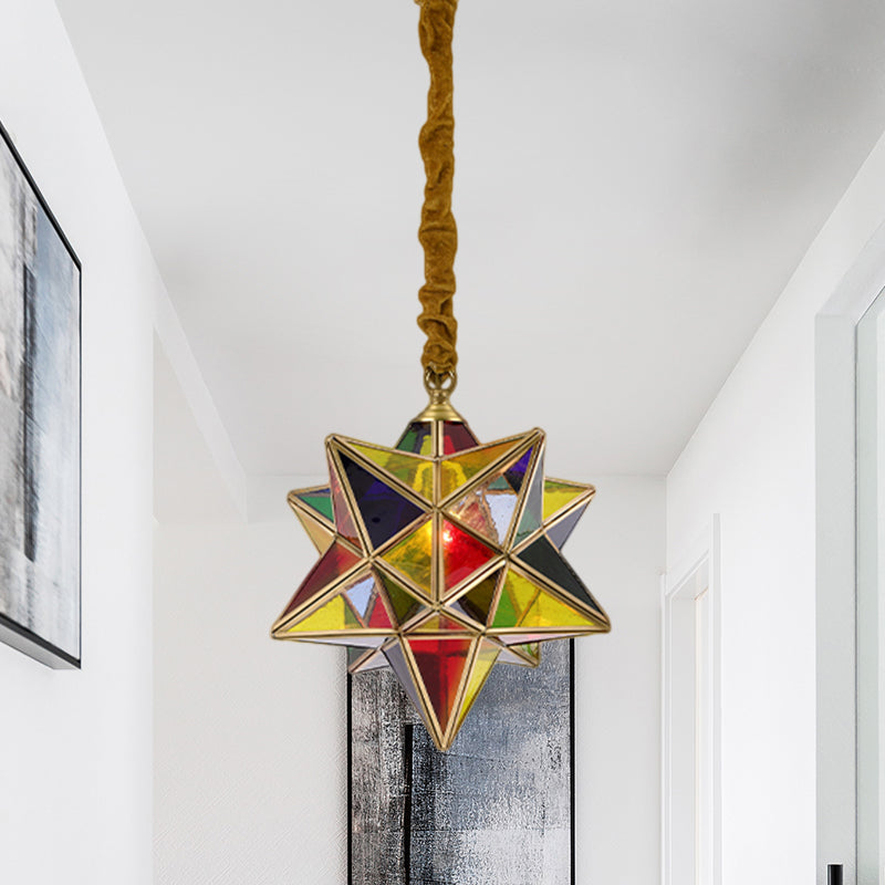 Star Shape Red Stained Glass Pendant Lighting Traditional 1 Head Dining Room Suspension Lamp Red Clearhalo 'Ceiling Lights' 'Close To Ceiling Lights' 'Glass shade' 'Glass' 'Pendant Lights' 'Pendants' Lighting' 285743