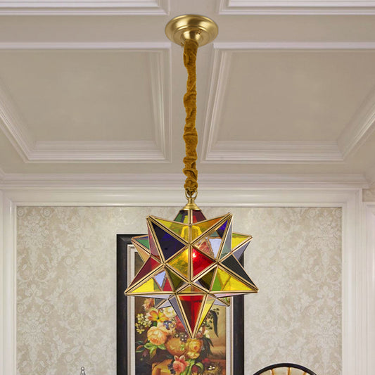 Star Shape Red Stained Glass Pendant Lighting Traditional 1 Head Dining Room Suspension Lamp Clearhalo 'Ceiling Lights' 'Close To Ceiling Lights' 'Glass shade' 'Glass' 'Pendant Lights' 'Pendants' Lighting' 285744