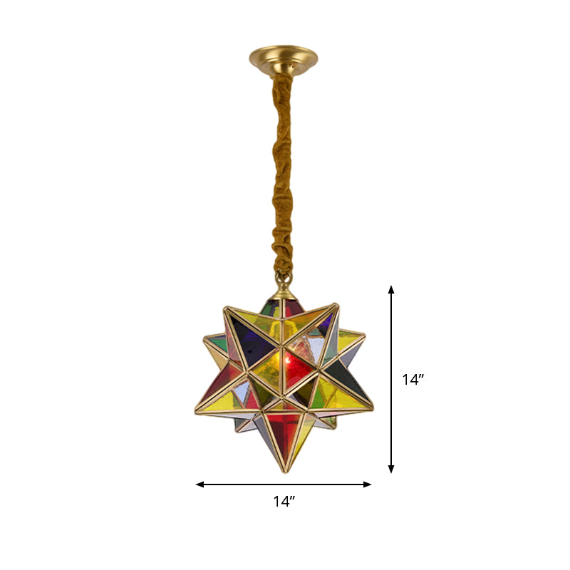 Star Shape Red Stained Glass Pendant Lighting Traditional 1 Head Dining Room Suspension Lamp Clearhalo 'Ceiling Lights' 'Close To Ceiling Lights' 'Glass shade' 'Glass' 'Pendant Lights' 'Pendants' Lighting' 285747