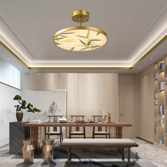 16"/23.5" Wide 1 Light Semi Flush Mount Light Traditional Round Frosted Glass Ceiling Fixture in Gold Clearhalo 'Ceiling Lights' 'Close To Ceiling Lights' 'Close to ceiling' 'Glass shade' 'Glass' 'Pendant Lights' 'Semi-flushmount' Lighting' 285914