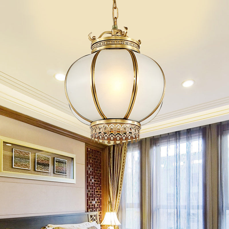 Frosted Glass Lantern Hanging Light Traditional 1 Light Bedroom Drop Pendant in Brass Brass Clearhalo 'Ceiling Lights' 'Chandeliers' 'Glass shade' 'Glass' 'Pendant Lights' 'Pendants' Lighting' 286137