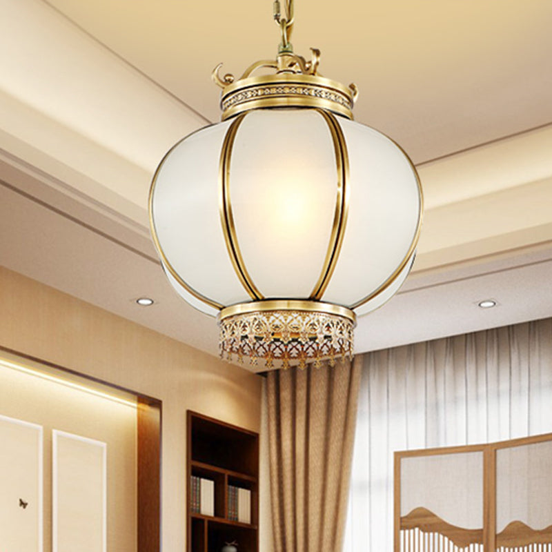 Frosted Glass Lantern Hanging Light Traditional 1 Light Bedroom Drop Pendant in Brass Clearhalo 'Ceiling Lights' 'Chandeliers' 'Glass shade' 'Glass' 'Pendant Lights' 'Pendants' Lighting' 286138