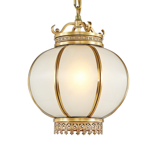 Frosted Glass Lantern Hanging Light Traditional 1 Light Bedroom Drop Pendant in Brass Clearhalo 'Ceiling Lights' 'Chandeliers' 'Glass shade' 'Glass' 'Pendant Lights' 'Pendants' Lighting' 286140