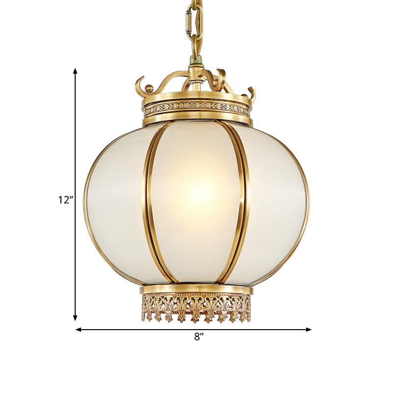 Frosted Glass Lantern Hanging Light Traditional 1 Light Bedroom Drop Pendant in Brass Clearhalo 'Ceiling Lights' 'Chandeliers' 'Glass shade' 'Glass' 'Pendant Lights' 'Pendants' Lighting' 286141