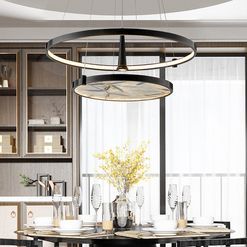 16"/23.5" Wide LED Frosted Glass Chandelier Lamp Classic Black Round Living Room Ceiling Pendant Black Clearhalo 'Ceiling Lights' 'Chandeliers' 'Glass shade' 'Glass' Lighting' 286153