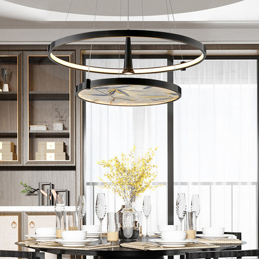 16"/23.5" Wide LED Frosted Glass Chandelier Lamp Classic Black Round Living Room Ceiling Pendant Black Clearhalo 'Ceiling Lights' 'Chandeliers' 'Glass shade' 'Glass' Lighting' 286153