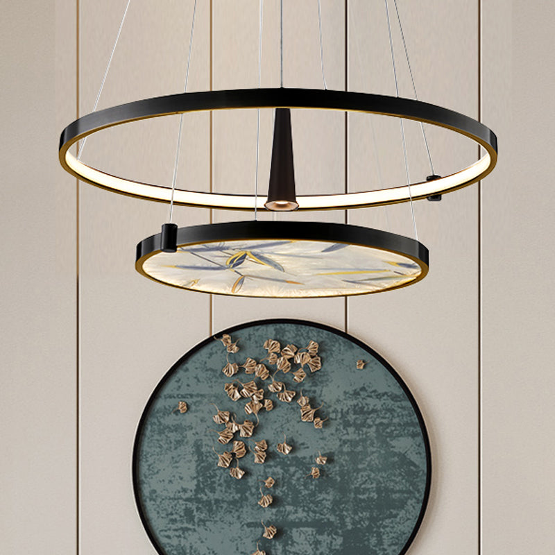 16"/23.5" Wide LED Frosted Glass Chandelier Lamp Classic Black Round Living Room Ceiling Pendant Clearhalo 'Ceiling Lights' 'Chandeliers' 'Glass shade' 'Glass' Lighting' 286154