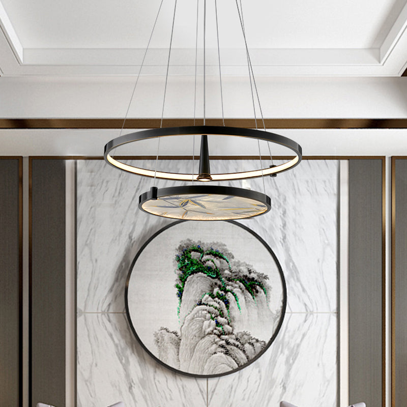 16"/23.5" Wide LED Frosted Glass Chandelier Lamp Classic Black Round Living Room Ceiling Pendant Clearhalo 'Ceiling Lights' 'Chandeliers' 'Glass shade' 'Glass' Lighting' 286155