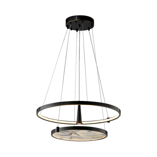 16"/23.5" Wide LED Frosted Glass Chandelier Lamp Classic Black Round Living Room Ceiling Pendant Clearhalo 'Ceiling Lights' 'Chandeliers' 'Glass shade' 'Glass' Lighting' 286156