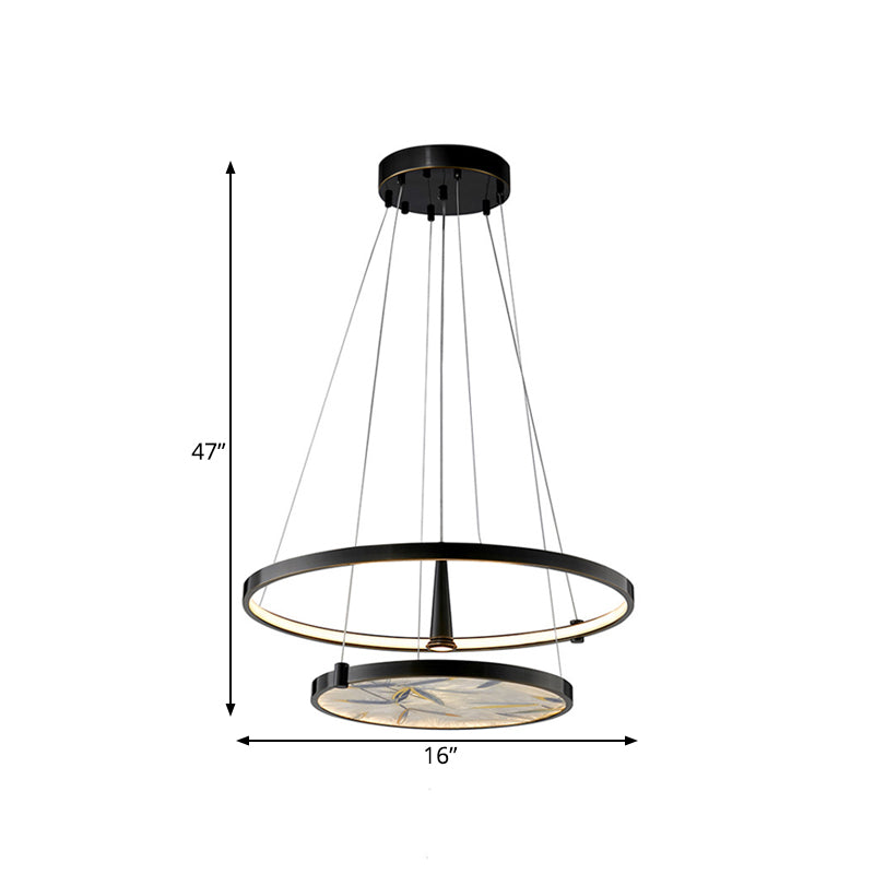 16"/23.5" Wide LED Frosted Glass Chandelier Lamp Classic Black Round Living Room Ceiling Pendant Clearhalo 'Ceiling Lights' 'Chandeliers' 'Glass shade' 'Glass' Lighting' 286157