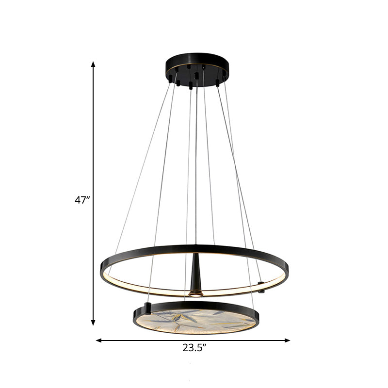 16"/23.5" Wide LED Frosted Glass Chandelier Lamp Classic Black Round Living Room Ceiling Pendant Clearhalo 'Ceiling Lights' 'Chandeliers' 'Glass shade' 'Glass' Lighting' 286158