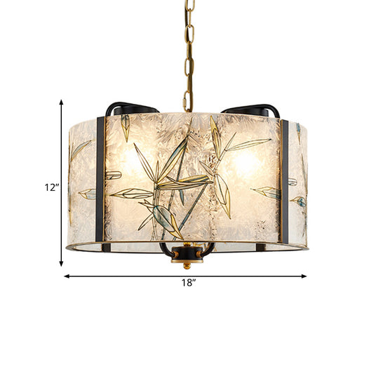 Classic Drum Suspension Pendant 4 Lights White Glass Pendulum Light for Living Room Clearhalo 'Ceiling Lights' 'Chandeliers' 'Glass shade' 'Glass' 'Pendant Lights' Lighting' 286170