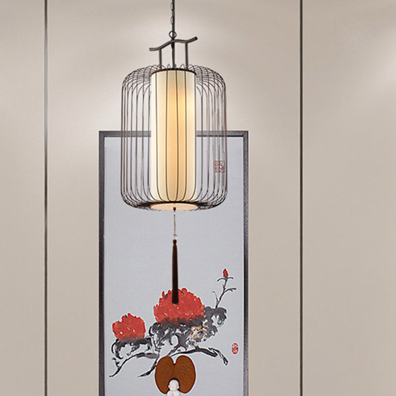 White/Red Lantern Pendant Lighting Fixture Classic Fabric 10"/12"/14" Wide 1 Light Tea Room Suspension Lamp Clearhalo 'Ceiling Lights' 'Pendant Lights' 'Pendants' Lighting' 286250