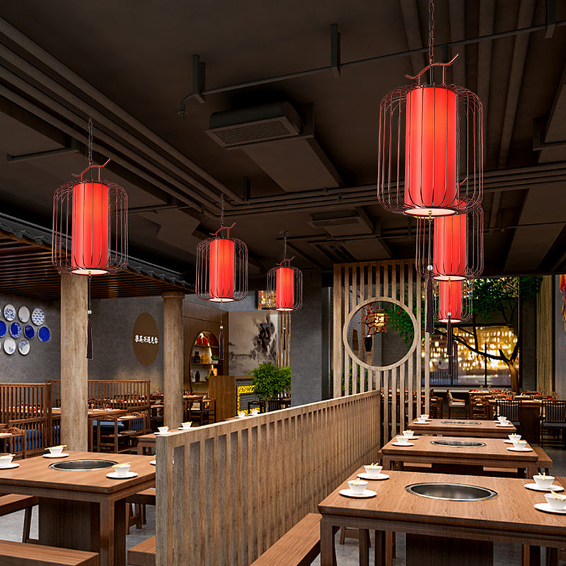 White/Red Lantern Pendant Lighting Fixture Classic Fabric 10"/12"/14" Wide 1 Light Tea Room Suspension Lamp Clearhalo 'Ceiling Lights' 'Pendant Lights' 'Pendants' Lighting' 286257