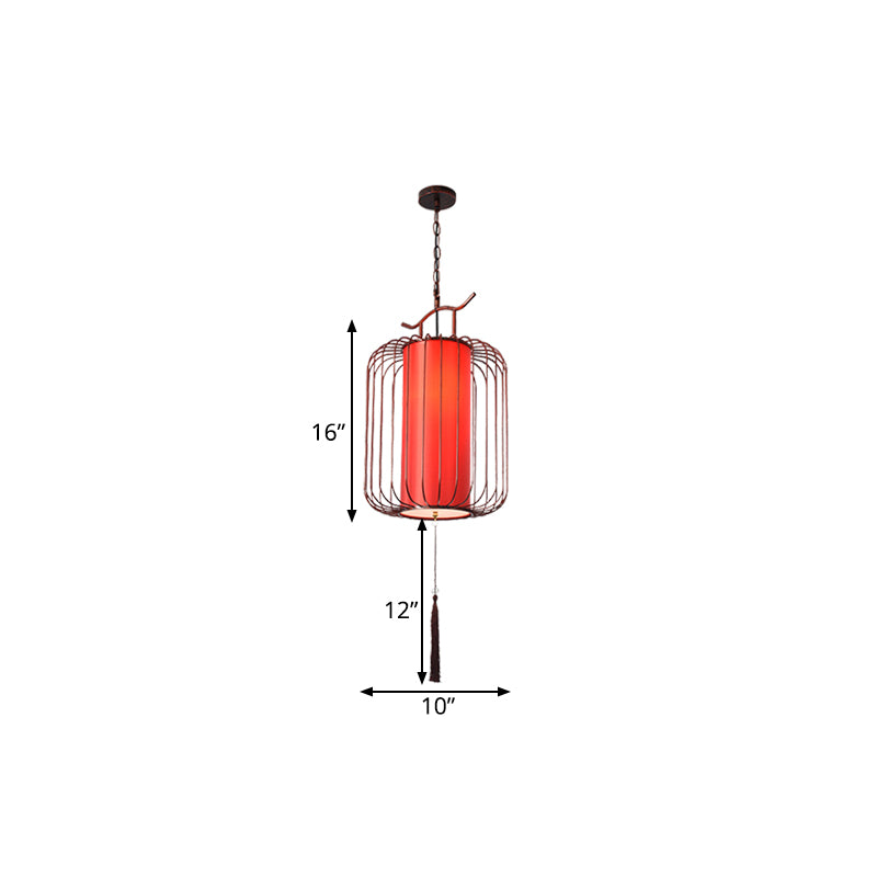 White/Red Lantern Pendant Lighting Fixture Classic Fabric 10"/12"/14" Wide 1 Light Tea Room Suspension Lamp Clearhalo 'Ceiling Lights' 'Pendant Lights' 'Pendants' Lighting' 286259