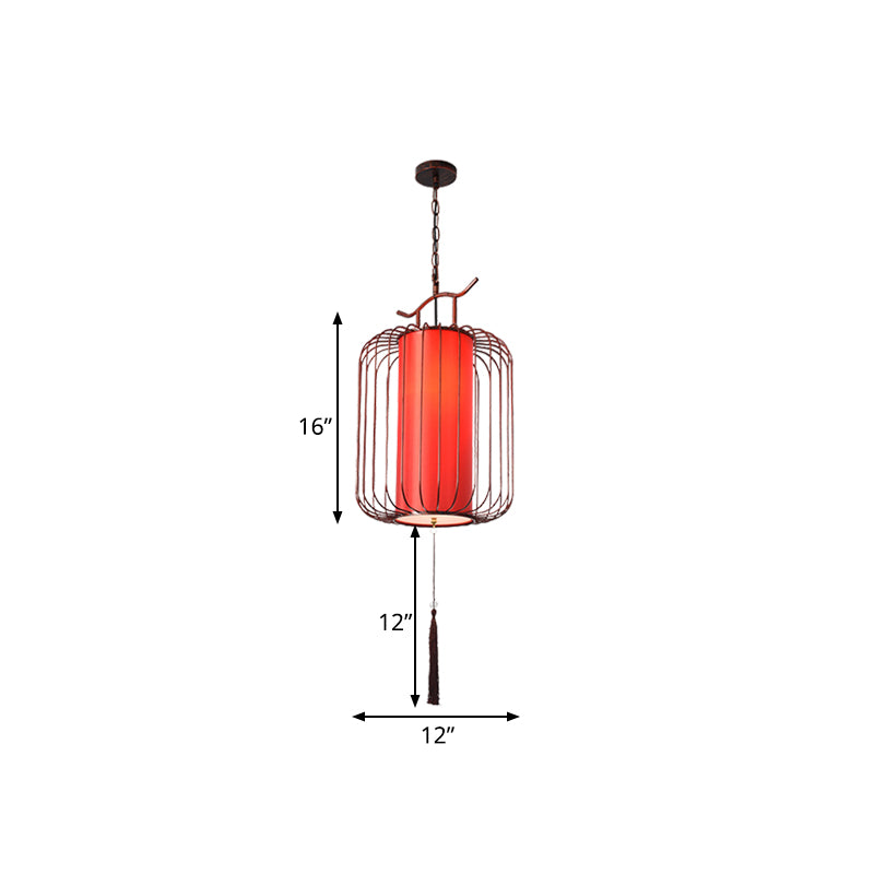 White/Red Lantern Pendant Lighting Fixture Classic Fabric 10"/12"/14" Wide 1 Light Tea Room Suspension Lamp Clearhalo 'Ceiling Lights' 'Pendant Lights' 'Pendants' Lighting' 286260