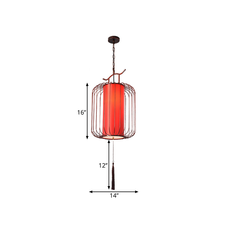 White/Red Lantern Pendant Lighting Fixture Classic Fabric 10"/12"/14" Wide 1 Light Tea Room Suspension Lamp Clearhalo 'Ceiling Lights' 'Pendant Lights' 'Pendants' Lighting' 286261