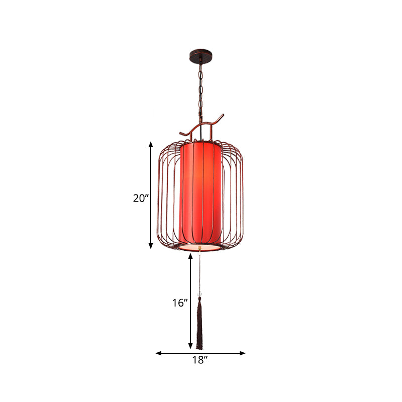 White/Red Lantern Pendant Lighting Fixture Classic Fabric 10"/12"/14" Wide 1 Light Tea Room Suspension Lamp Clearhalo 'Ceiling Lights' 'Pendant Lights' 'Pendants' Lighting' 286262
