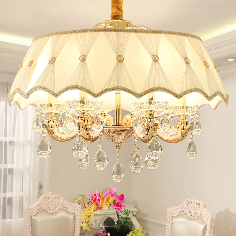 Beige 5 Heads Chandelier Lamp Modernism Crystal Drop Scalloped Suspension Lighting Clearhalo 'Ceiling Lights' 'Chandeliers' Lighting' options 286376