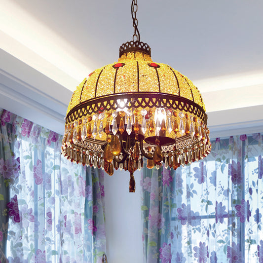 Yellow 3 Lights Hanging Chandelier Southeast Asian Style Crystal Drop Dome Ceiling Light Clearhalo 'Ceiling Lights' 'Chandeliers' Lighting' options 286387