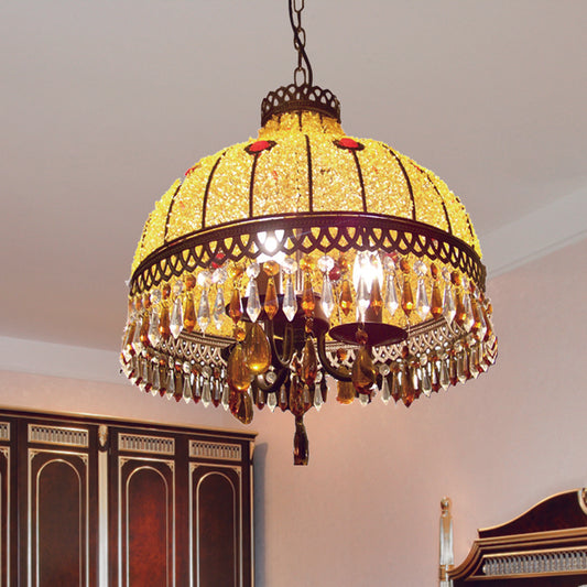 Yellow 3 Lights Hanging Chandelier Southeast Asian Style Crystal Drop Dome Ceiling Light Clearhalo 'Ceiling Lights' 'Chandeliers' Lighting' options 286388