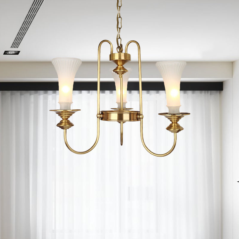 Gold Floral Shaped Chandelier Light Colonial White Glass 3/6/8 Heads Living Room Hanging Lamp Kit 3 Gold Clearhalo 'Ceiling Lights' 'Chandeliers' 'Glass shade' 'Glass' Lighting' 286435