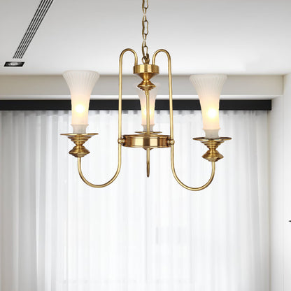 Gold Floral Shaped Chandelier Light Colonial White Glass 3/6/8 Heads Living Room Hanging Lamp Kit 3 Gold Clearhalo 'Ceiling Lights' 'Chandeliers' 'Glass shade' 'Glass' Lighting' 286435