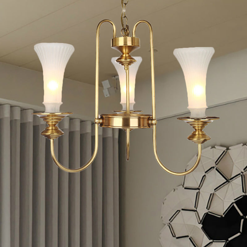 Gold Floral Shaped Chandelier Light Colonial White Glass 3/6/8 Heads Living Room Hanging Lamp Kit Clearhalo 'Ceiling Lights' 'Chandeliers' 'Glass shade' 'Glass' Lighting' 286436
