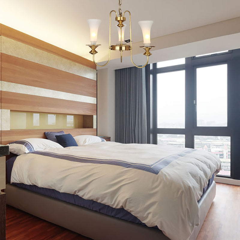 Gold Floral Shaped Chandelier Light Colonial White Glass 3/6/8 Heads Living Room Hanging Lamp Kit Clearhalo 'Ceiling Lights' 'Chandeliers' 'Glass shade' 'Glass' Lighting' 286437