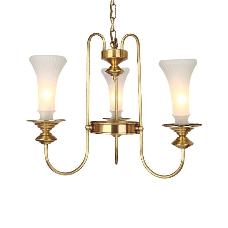 Gold Floral Shaped Chandelier Light Colonial White Glass 3/6/8 Heads Living Room Hanging Lamp Kit Clearhalo 'Ceiling Lights' 'Chandeliers' 'Glass shade' 'Glass' Lighting' 286438