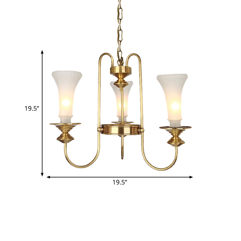Gold Floral Shaped Chandelier Light Colonial White Glass 3/6/8 Heads Living Room Hanging Lamp Kit Clearhalo 'Ceiling Lights' 'Chandeliers' 'Glass shade' 'Glass' Lighting' 286439