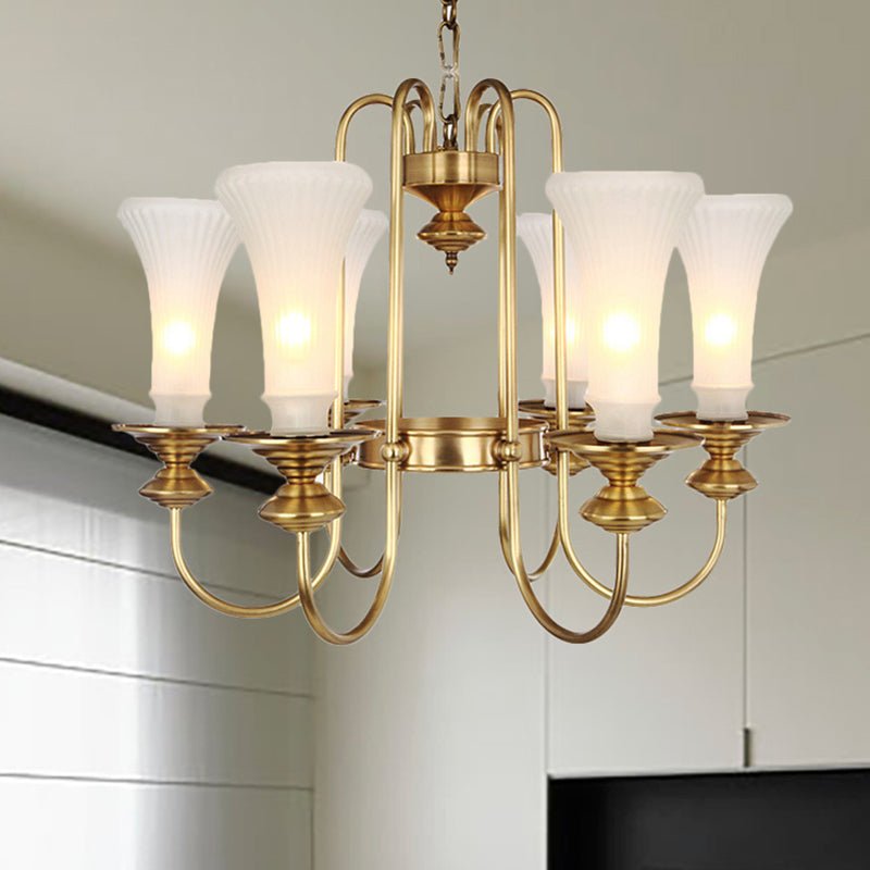 Gold Floral Shaped Chandelier Light Colonial White Glass 3/6/8 Heads Living Room Hanging Lamp Kit 6 Gold Clearhalo 'Ceiling Lights' 'Chandeliers' 'Glass shade' 'Glass' Lighting' 286440