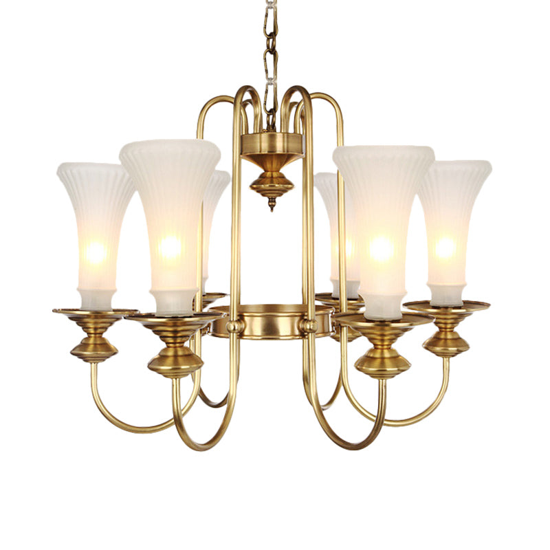 Gold Floral Shaped Chandelier Light Colonial White Glass 3/6/8 Heads Living Room Hanging Lamp Kit Clearhalo 'Ceiling Lights' 'Chandeliers' 'Glass shade' 'Glass' Lighting' 286442