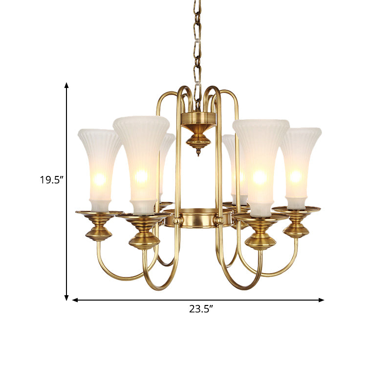 Gold Floral Shaped Chandelier Light Colonial White Glass 3/6/8 Heads Living Room Hanging Lamp Kit Clearhalo 'Ceiling Lights' 'Chandeliers' 'Glass shade' 'Glass' Lighting' 286443