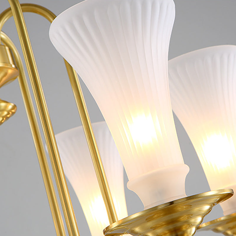 Gold Floral Shaped Chandelier Light Colonial White Glass 3/6/8 Heads Living Room Hanging Lamp Kit Clearhalo 'Ceiling Lights' 'Chandeliers' 'Glass shade' 'Glass' Lighting' 286444