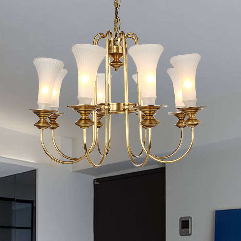 Gold Floral Shaped Chandelier Light Colonial White Glass 3/6/8 Heads Living Room Hanging Lamp Kit 8 Gold Clearhalo 'Ceiling Lights' 'Chandeliers' 'Glass shade' 'Glass' Lighting' 286445