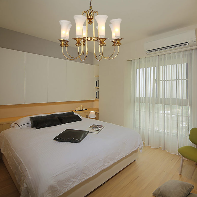 Gold Floral Shaped Chandelier Light Colonial White Glass 3/6/8 Heads Living Room Hanging Lamp Kit Clearhalo 'Ceiling Lights' 'Chandeliers' 'Glass shade' 'Glass' Lighting' 286446