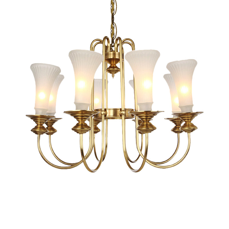 Gold Floral Shaped Chandelier Light Colonial White Glass 3/6/8 Heads Living Room Hanging Lamp Kit Clearhalo 'Ceiling Lights' 'Chandeliers' 'Glass shade' 'Glass' Lighting' 286447
