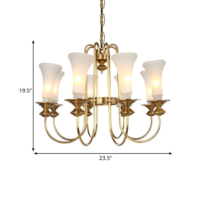 Gold Floral Shaped Chandelier Light Colonial White Glass 3/6/8 Heads Living Room Hanging Lamp Kit Clearhalo 'Ceiling Lights' 'Chandeliers' 'Glass shade' 'Glass' Lighting' 286448