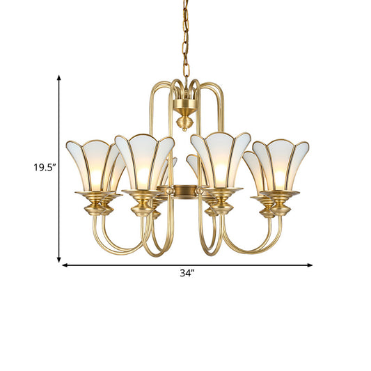 8 Lights Ceiling Chandelier Colonialism Flower White Frosted Glass Pendant Light in Gold with Curved Arm Clearhalo 'Ceiling Lights' 'Chandeliers' 'Glass shade' 'Glass' Lighting' 286453