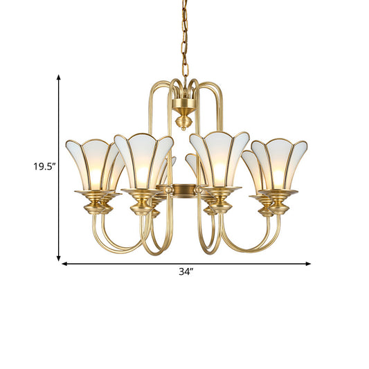 8 Lights Ceiling Chandelier Colonialism Flower White Frosted Glass Pendant Light in Gold with Curved Arm Clearhalo 'Ceiling Lights' 'Chandeliers' 'Glass shade' 'Glass' Lighting' 286453